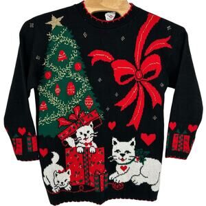 VTG 90s Women's Black Nutcracker Cat Presents Knitted Ugly Christmas Sweater~ M